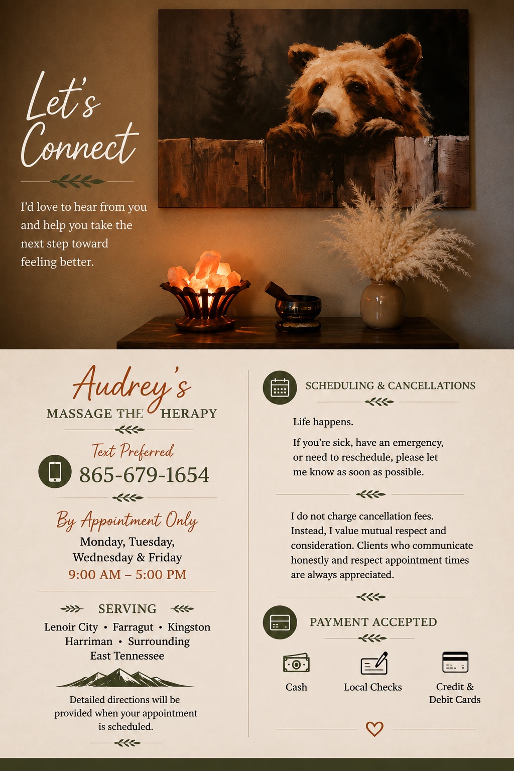 Contact poster with text-preferred phone number, hours, and payment details.