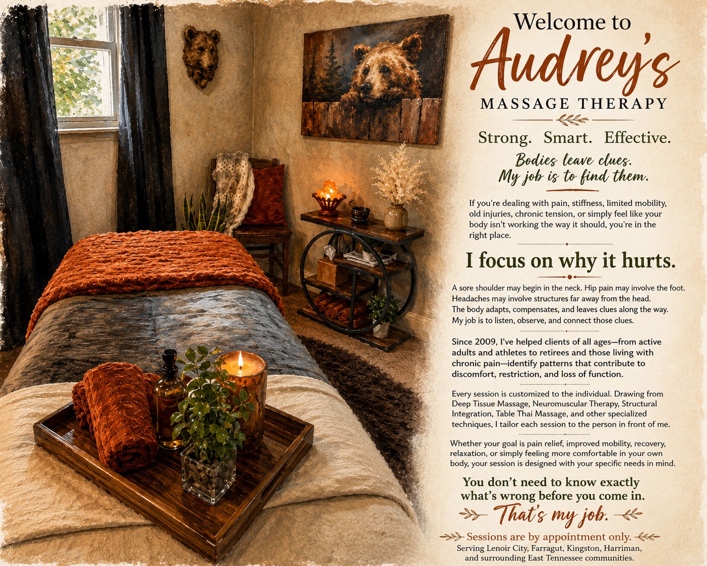 Welcome poster for Audrey’s Massage Therapy with room photo and practice overview.