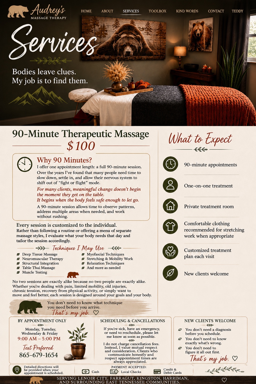 Services poster describing 90-minute therapeutic massage and what to expect.