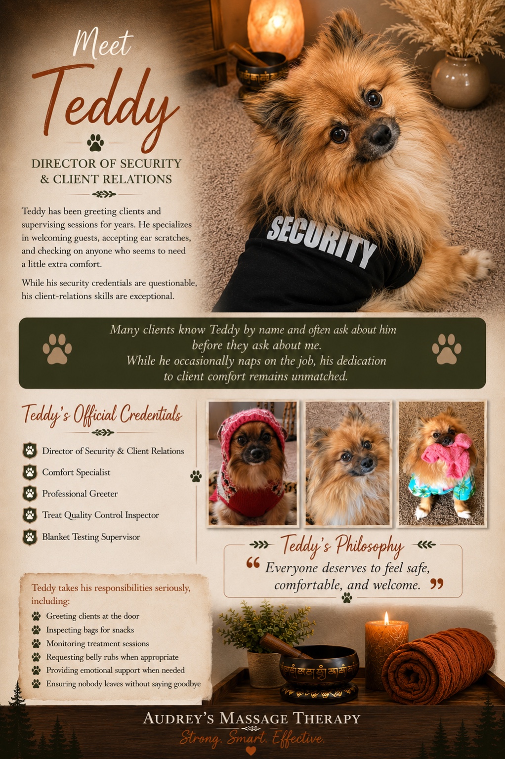 Meet Teddy poster introducing the Director of Security and Client Relations.